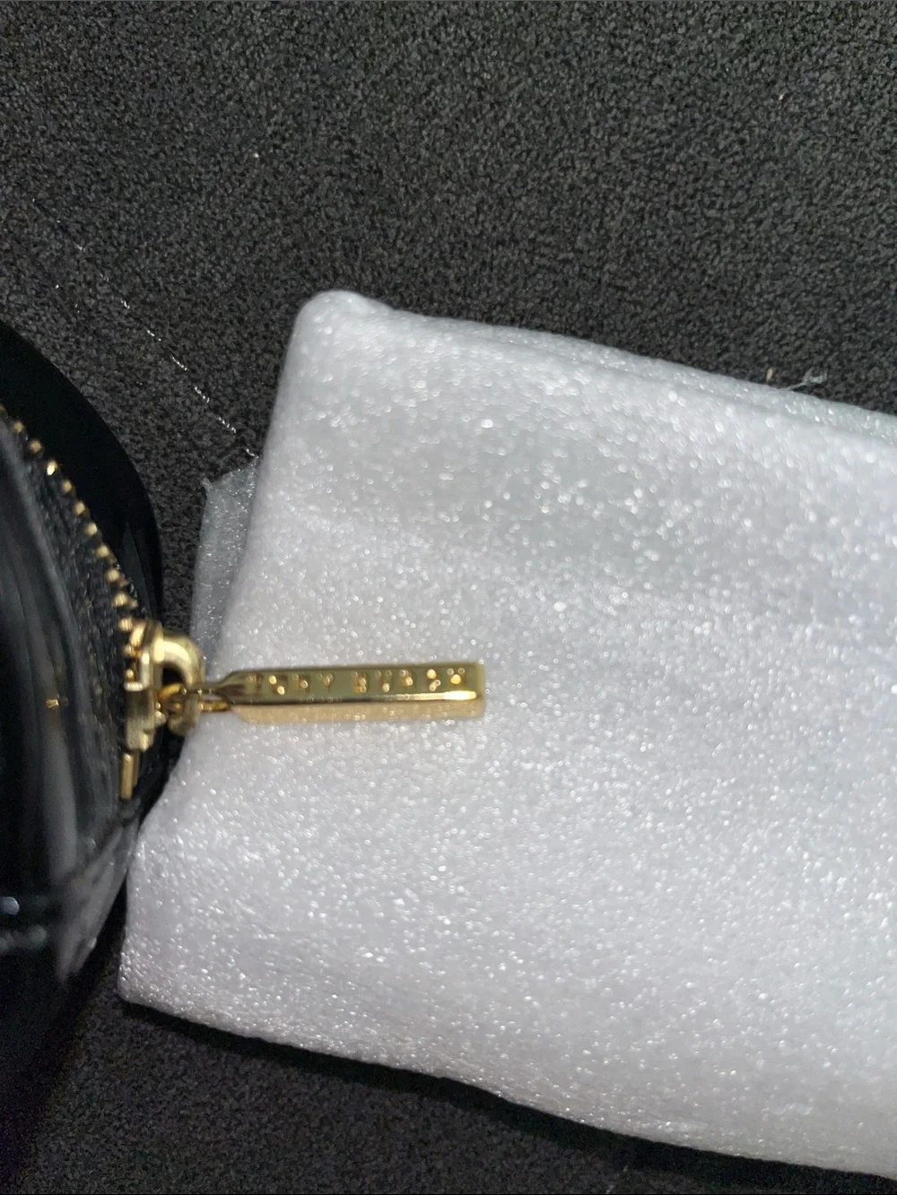 Tory Burch Black Patent Leather Logo Pouch with Gold Zipper